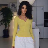 美式 显瘦内搭打底衫 辣妹V领长袖 T恤 半拉链女修身 短款 上衣