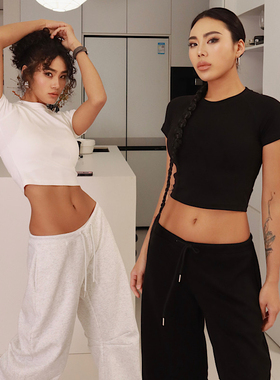 akiyo studio欧美美式辣妹短袖t恤修身t恤正肩短款上衣女