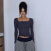 女式 T恤上衣 方领三粒扣修身 打底衫 三粒扣打底衣 套头长袖