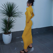 鱼尾连衣裙长裙 纯色欧美辣妹性感风高领长袖 鱼尾裙 新款