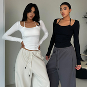 studio吊带假两件上衣女修身 短款 打底衫 akiyo 辣妹显瘦带胸垫长袖