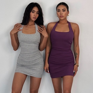 akiyo studio欧美连衣裙包裙带胸垫性感辣妹褶皱包臀挂脖露背背心