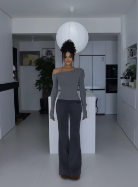 【斜肩长T】纯色性感辣妹斜肩露肩修身针织长袖T恤上衣打底新款