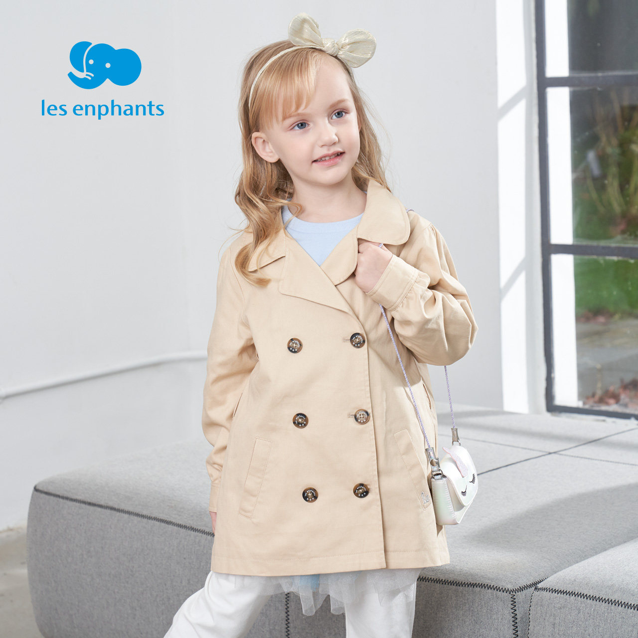 LIYINGFANG 소녀의 중간 길이 코트 유행 영국 더블 브레스트 코튼 윈드 브레이커  소녀 2024 봄 새 스타일