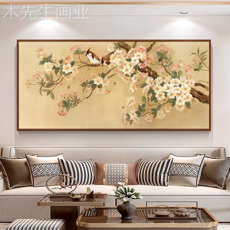 新中式花鸟图客厅装饰画手绘油画茶室沙发背景墙别墅大幅国风挂画图片