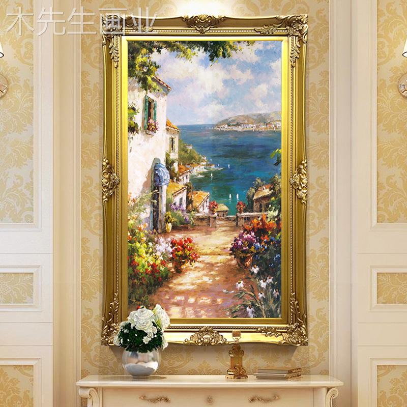 地中海风景油画北欧书房挂画办公室过道壁画欧式玄关装饰画竖版图片