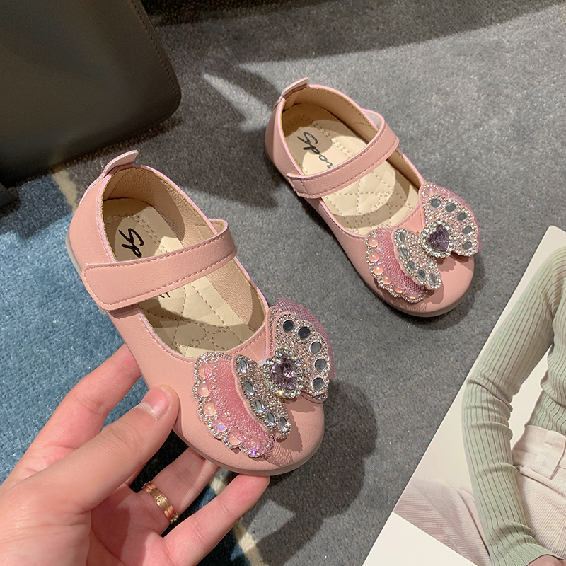 春秋女蝴蝶结公主亮钻皮鞋软舒适