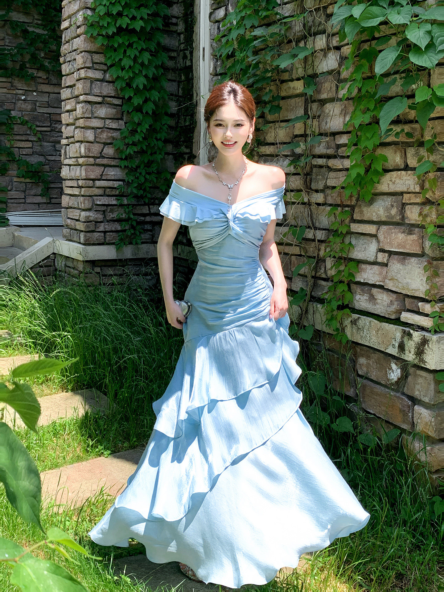 thumbnail for GJFD [Bolton Manor] French Blue Off-Shoulder Light Luxury Dress, Niche Gown, High-End Mermaid Dress