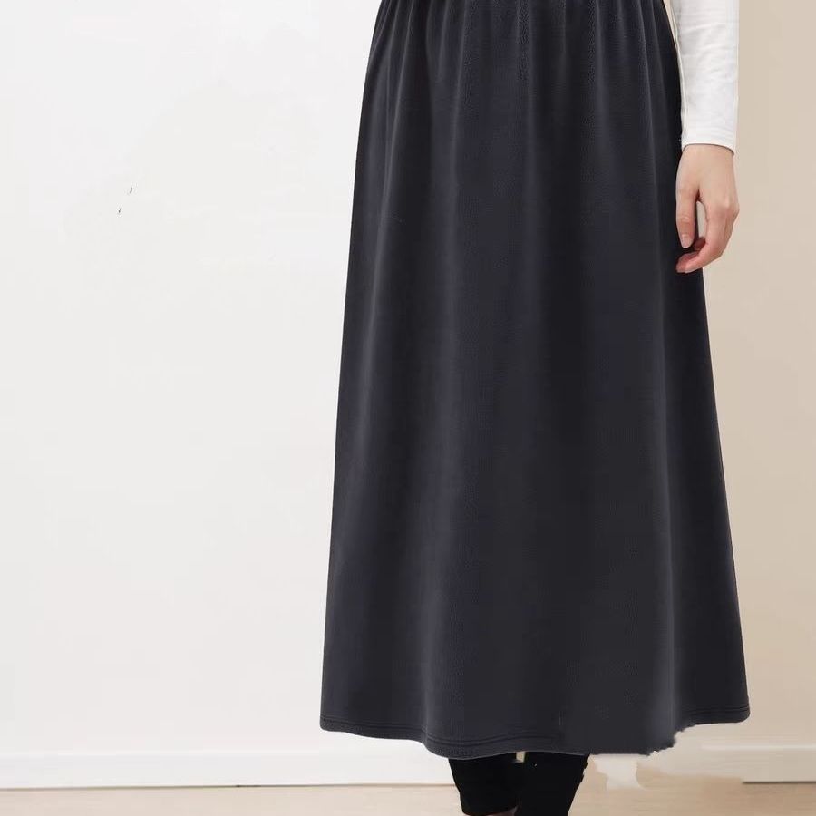 秋冬自发热德绒内衬裙加绒藏青保暖打底冬裙外穿女a字中长半身裙