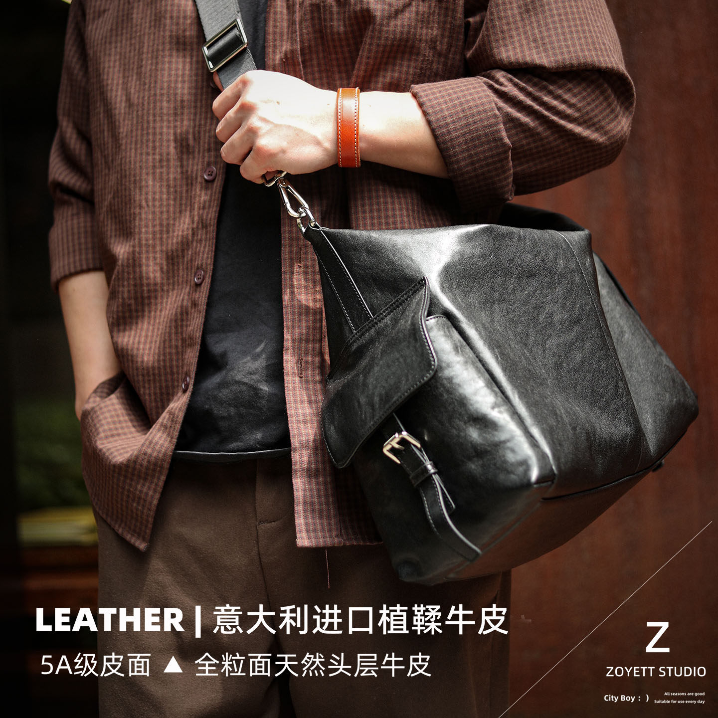 ZOYETT2026新款男士真皮大容量健身单肩斜挎包植鞣牛皮通勤休闲包