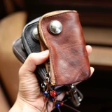 Кожаная ретро ключница, кошелек для водительских прав, кожаный картхолдер с молнией, ключи от машины, воловья кожа, из натуральной кожи