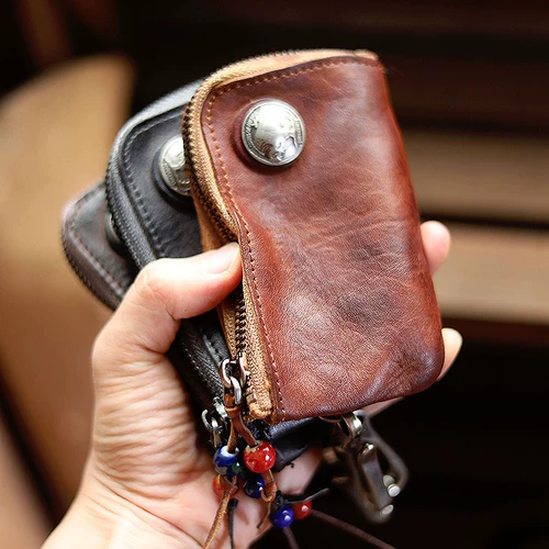 Кожаная ретро ключница, кошелек для водительских прав, кожаный картхолдер с молнией, ключи от машины, воловья кожа, из натуральной кожи
