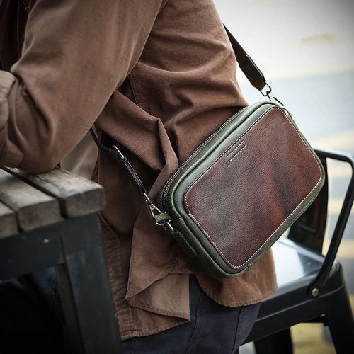 佐也原创真皮单肩包复古撞色男包