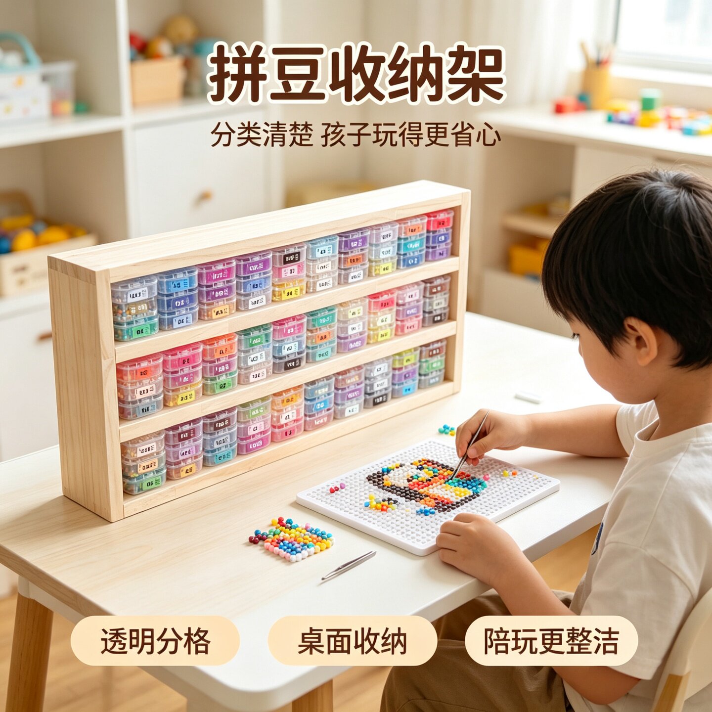 实木儿童拼豆透明分格收纳盒