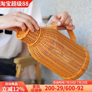 便携茶桶手工编织餐厅茶水保温瓶 复古保温水壶仿藤编热水壶老式