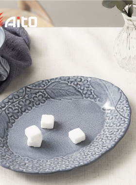 日本原产AITO浮雕藤椭圆盘餐具日式陶瓷灰色家用菜盘碟子平盘