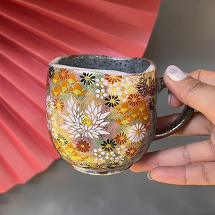 日本进口九谷烧手作金花诘马克杯猫咪咖啡杯茶杯结婚生日礼物杯子