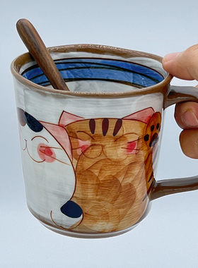 现货/日本进口 波佐见烧可爱福猫粗陶瓷马克杯 手绘釉下彩咖啡杯