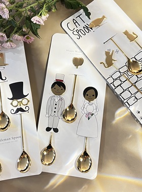 日本原产elfin 高桑金属不锈钢镀金咖啡勺3件套夫妻和睦搅拌勺