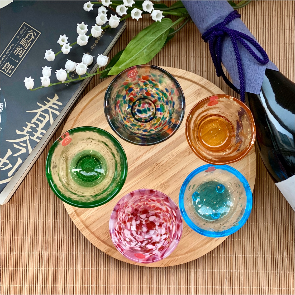日本进口津轻手作彩色清酒杯套装五色日式酒具家用玻璃烧酒杯酒盅
