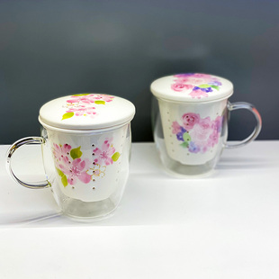 现货日本进口美浓烧和蓝花语陶瓷茶漏花卉带盖耐热玻璃马克杯杯子