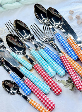 现货法国Sabre Paris格子系列网红ins风西餐具高颜值小清新刀叉