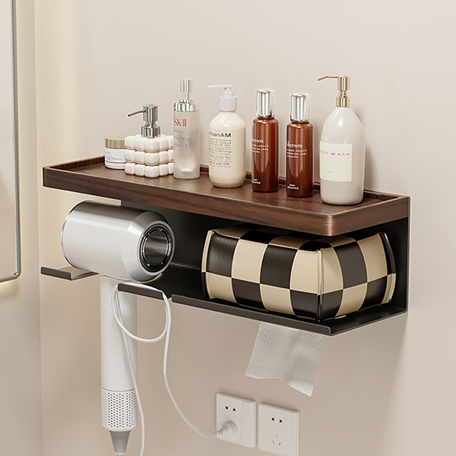 胡桃木免打孔吹风机置物架