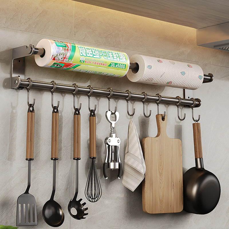 免打孔厨房挂钩架挂杆壁挂多功能厨具挂架勺子铲子纸巾毛巾置物架