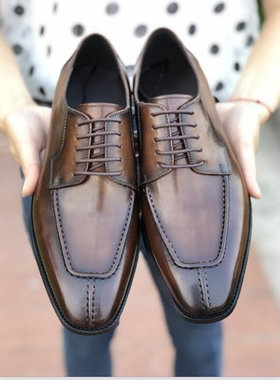 新款男鞋意大利挪威缝低帮牛皮真皮鞋手工绅士德比鞋休闲皮鞋英伦