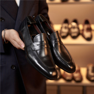 皮鞋 自营工厂英伦乐福鞋 方头懒人一脚蹬商务正装 真皮手工鞋 男士
