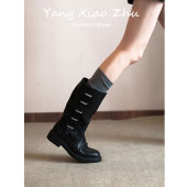 牛皮版 英伦风百搭中筒靴机车靴 复古设计感排扣骑士靴女2025新款