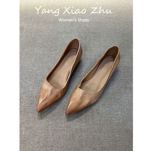羊皮版~法式尖头粗跟浅口单鞋女