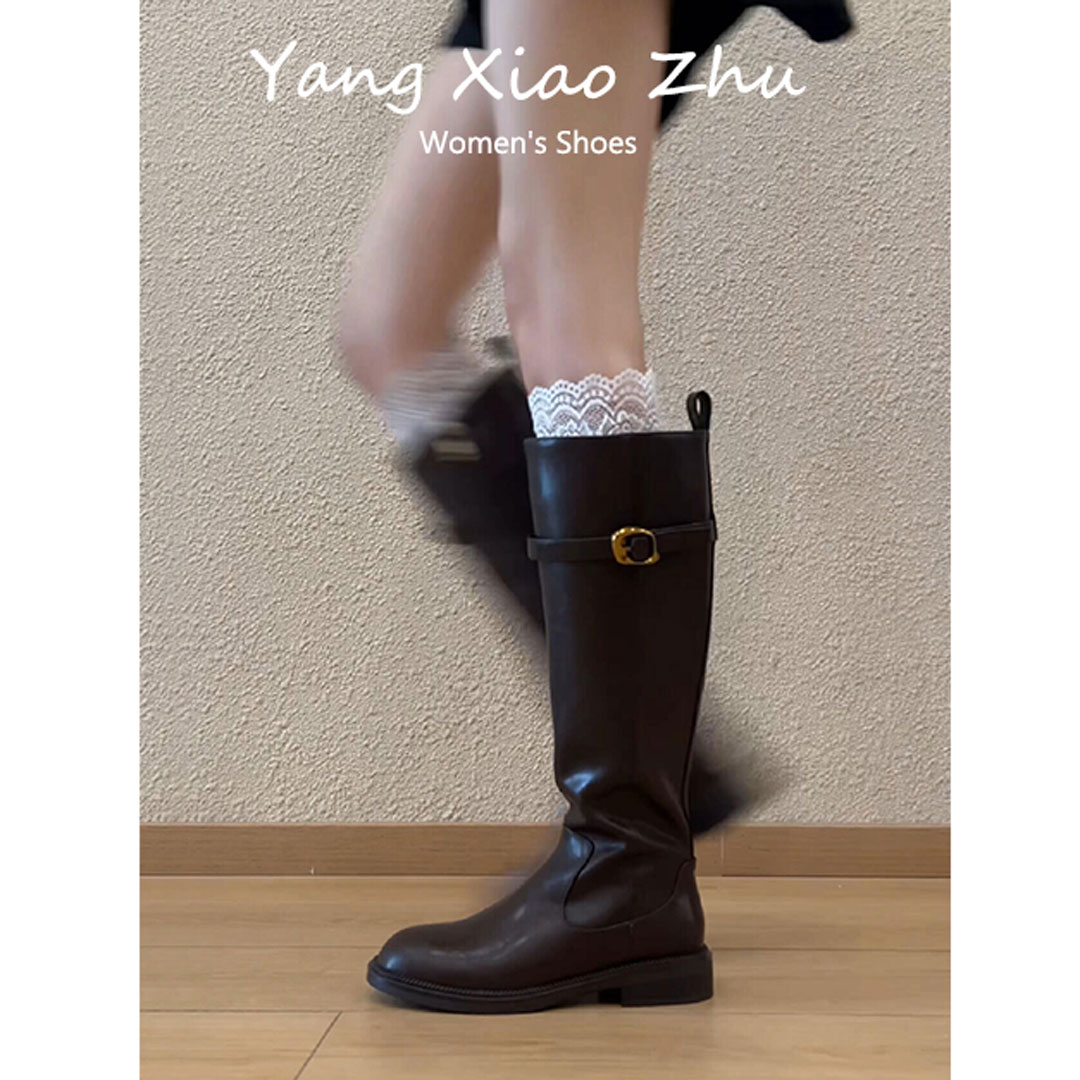 羊皮版~英伦风圆头粗跟骑士靴女