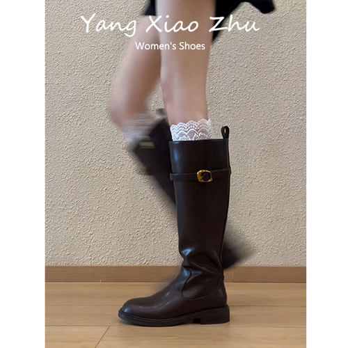 羊皮版~英伦风圆头粗跟骑士靴女