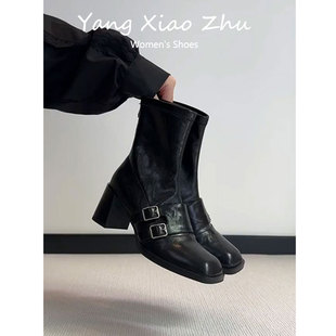 牛皮版~法式方头瘦瘦靴女粗跟显瘦马丁靴子高跟巨好看洋气小短靴