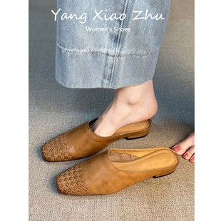 女时尚 复古编织包头半拖鞋 懒人一脚蹬休闲外穿凉拖 法式 羊皮版