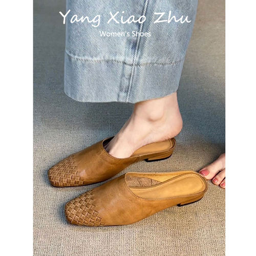 羊皮版~法式复古编织包头半拖鞋