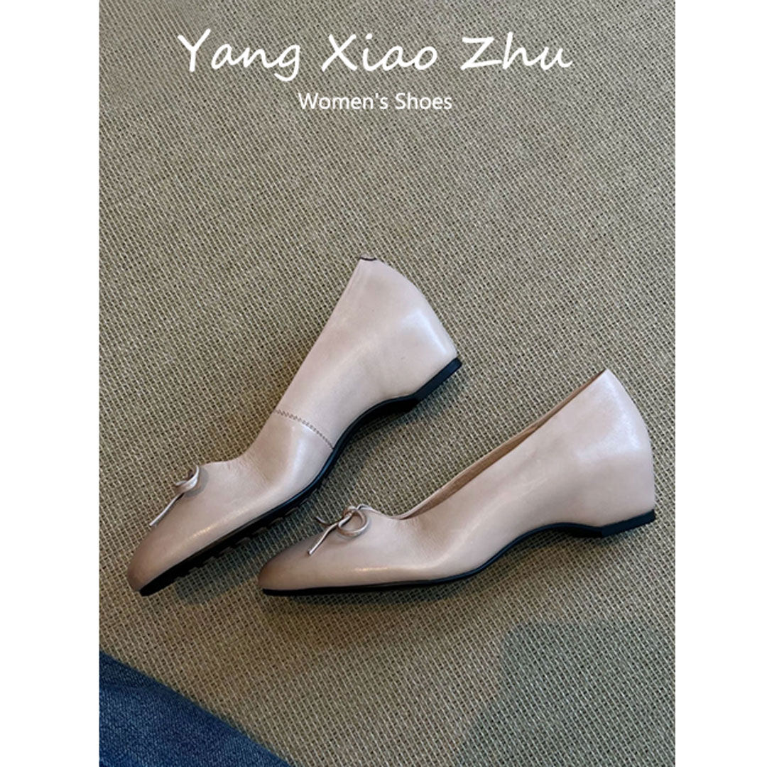 牛皮版~复古蝴蝶结小皮鞋春季新款内增高浅口玛丽珍鞋女通勤单鞋