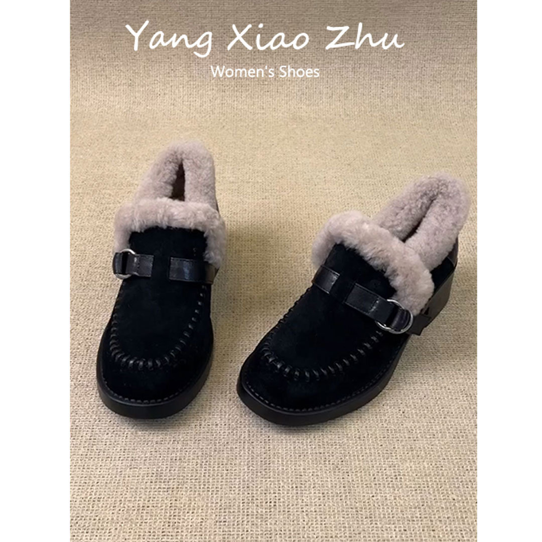 牛皮版~复古风粗跟拼接毛毛鞋女