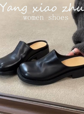 牛皮版~黑色真皮包头穆勒鞋女浅口懒人鞋半拖鞋女夏外穿外出拖鞋