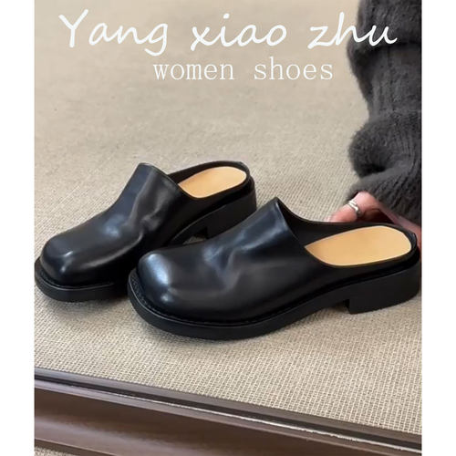 牛皮版~黑色包头半拖鞋女夏外穿