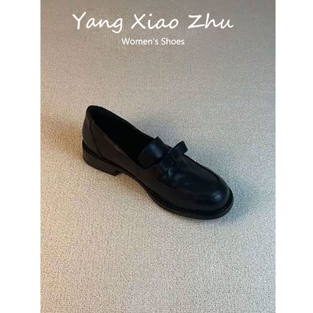 法式蝴蝶结一脚蹬圆头乐福鞋女日常通勤粗跟不累脚黑色经典小皮鞋