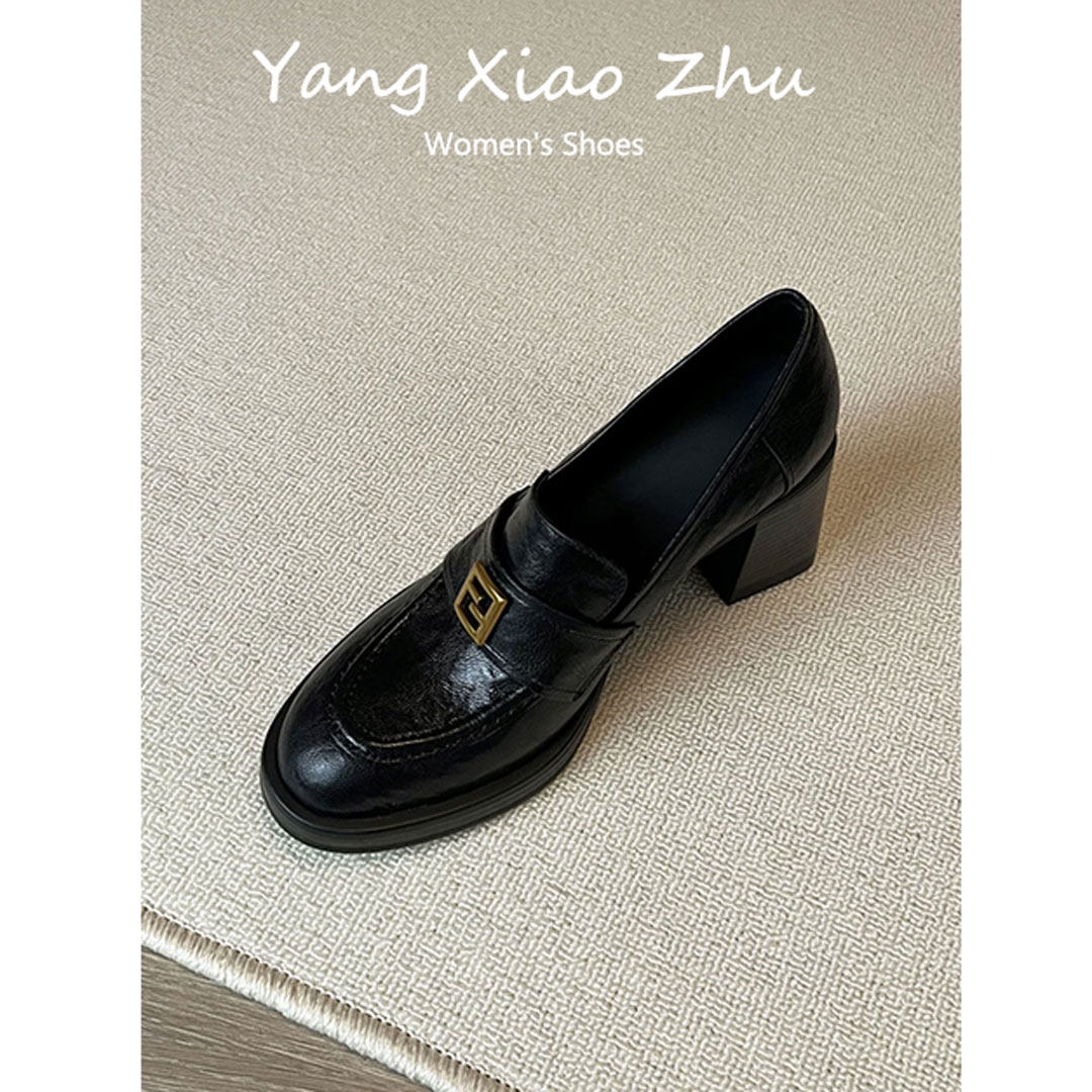 羊皮版~复古英伦风乐福鞋女简约粗跟小皮鞋一脚蹬黑色通勤高跟鞋,女鞋,乐福鞋（豆豆鞋）,淘宝优惠券,粉丝福利购,淘宝优惠卷