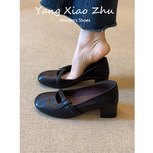 女2025新款 羊皮版 法式 编织带粗跟玛丽珍鞋 女 配裙子圆头浅口单鞋
