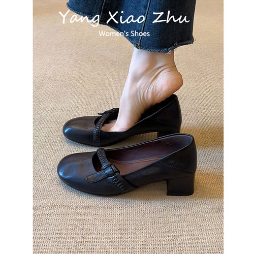 羊皮版~法式编织带粗跟玛丽珍鞋