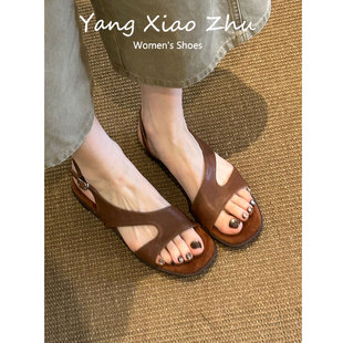 牛皮版~小众设计感粗跟凉鞋女夏外穿2026新款方头气质不累脚凉拖