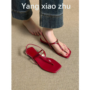 羊皮版~法式高级感搭扣夹趾凉鞋女夏露趾仙女风气质百搭粗跟凉拖