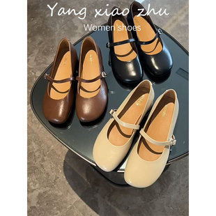 牛皮~法式玛丽珍鞋女2026春季新款平底真皮低跟配裙子浅口单鞋