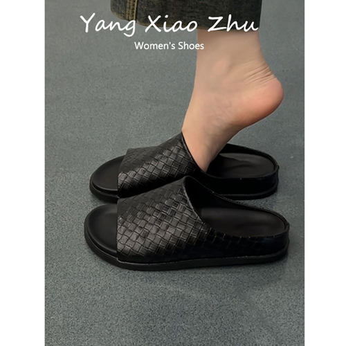 牛皮版~简约风格纹平底一字拖女