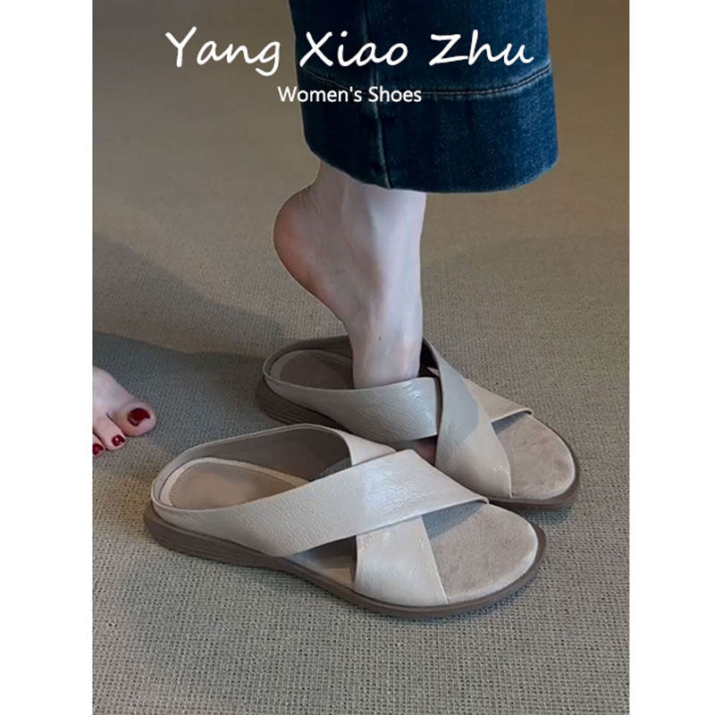 羊皮版~2025夏季时尚百搭气质风优雅交叉带舒适懒人露趾凉拖鞋女,女鞋,一字拖,淘宝优惠券,粉丝福利购,淘宝优惠卷